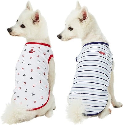 Blueberry Pet Soft & Comfy Summer Vacation Beach Cotton Dog T-Shirts, 2 Pack, Sea Lover Navy Sailor Shirts Tank Top Clothes, Back Length 16", for Medium Large Dogs