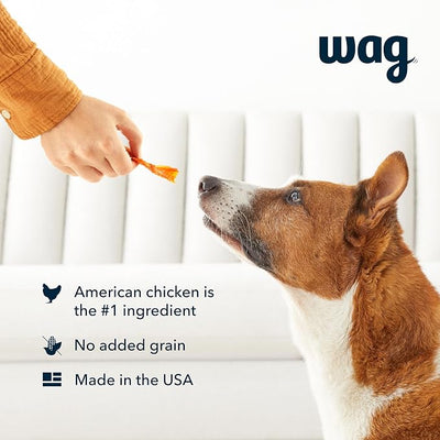 Amazon Brand – Wag Chewy Whole Muscle American Jerky Dog Treats – Chicken & Flaxseed (1 lb), Grain Free (Pack of 2)