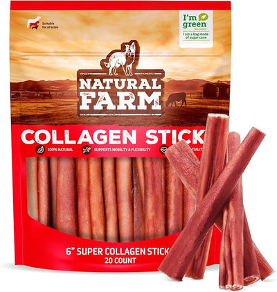 Natural Farm Odor-Free Super Collagen Dog Chews (6-Inch, 20-Pack) The First Ever Real Bull Sticks Alternative: 100% Natural Angus Hide Collagen Treats - More Protein, More Chew Time for All Dogs