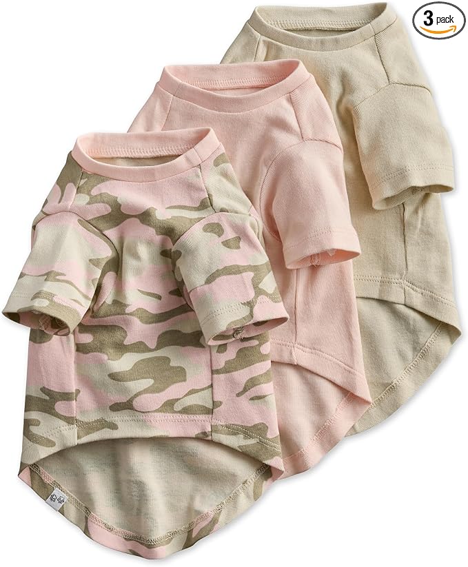 Pet Passion Toby 3-Pack 100% Organic Cotton Dog Short Sleeve T-Shirt Pet Tees for All Breeds, Pink Camo, X-Small (5-12 lbs)