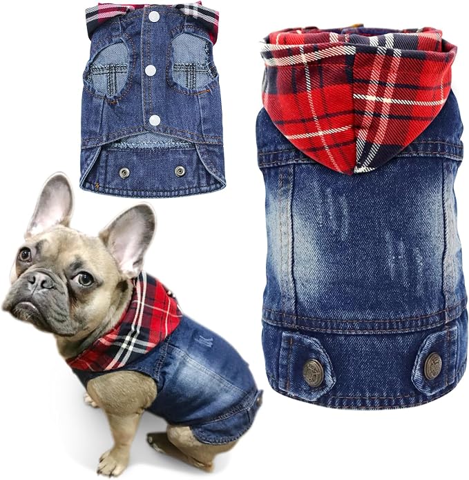 SILD Pet Clothes Dog Jeans Jacket Cool Blue Denim Coat Small Medium Dogs Lapel Vests Classic Hoodies Puppy Blue Vintage Washed Clothes (Plaid Hat,XL)