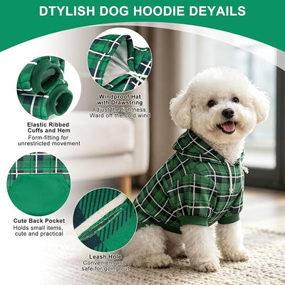 EXPAWLORER Plaid Dog Hoodie - British Style Warm Dog Sweater Shirt with Leash Hole,Pitbull Clothes Outfits,Winter Coat Apparel for All Breeds Puppy Girl Boy-Cat Apparel,Green Small