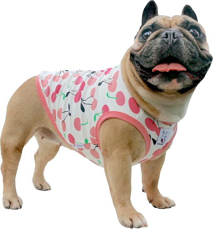 iChoue 100% Breathable Cotton English Bulldog Halloween Cartoon T Shirts Cute Clothes for Medium Large Dogs Vest Tank Tops Terrier Pitbull Cherry - XXLarge