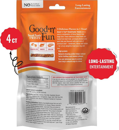 GOOD 'N' FUN SteakTastic Twists, High-Protein, Long-Lasting Chews for Large Dogs, Made with Three Cuts of Steak Plus Beef Hide, Chicken Breast and Pork Hide, 4 Count