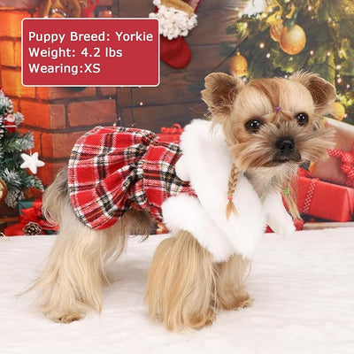 Dog Sweater with Leash Set D Ring Plaid Fleece Dog Clothes for Small Dogs Girl Boy Winter Puppy Dress Cold Weather Coat Fall XXS Sweater for Chihuahua Yorkie Cat Doggy Costumes, Red, S
