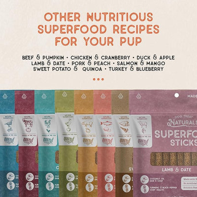 Dog Treat Naturals Superfood Sticks, Lamb & Date, 10oz Bag | Dog Chew Sticks | All-Natural, Pet Training Treats | Joint-Skin-Coat Health | USA Made
