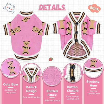 ABRRLO Small Dog Sweaters Cute Bear Dog Cardigans Clothes for Small Medium Dogs Boy Girl Puppy Cat Knitting Cardigan Outfits Dogs Winter Coats Warm Pet Doggy Clothes Soft Knitwear (Pink, Large)