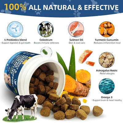 Dogs Allergy Relief Chews, Dog Probiotics for Skin & Immune Support Helps Relieve Itchy Skin & Ear, Dog Allergy Supplement for Paw Licking, Itching Skin Relief with Colostrum, Fish Oil(Beef)