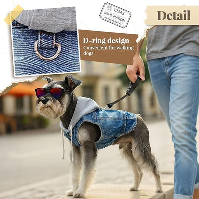 Cool Dog Jean Jacket Vest with D-Ring Blue Denim Dogs Hoodies Outfits for Small Medium Dogs Cats Boy Male Dog Clothes Costume Dogggie Puppy Harness Coat for Frenchie Walking(Grey Hat,XL)