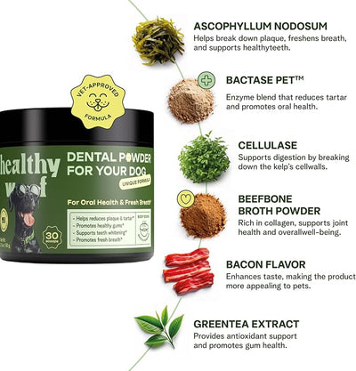 Dental Powder for Dogs Teeth Cleaning. Complete Oral Care Bone Broth. Made in the USA. 2.1 oz, 30 Scoops