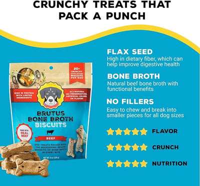 Brutus Bone Broth Biscuits for Dogs - Protein-Rich Dog Treats with Bone Broth and Real Beef - All Natural and Tasty - 8oz, Pack of 6, Beef Flavor