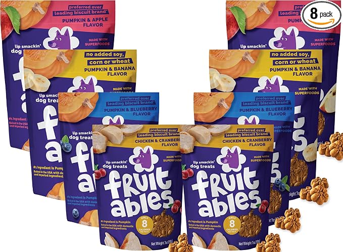 Fruitables Baked Dog Treats Variety Pack of 8 (Pumpkin & Apple, Banana, Blueberry, Cranberry - 7 oz (8 Pack)