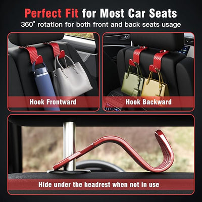 Amooca Car Seat Headrest Hook 4 Pack Hanger Universal Vehicle Car Storage Organizer for Handbag Purse Coat S Type Checkered Red