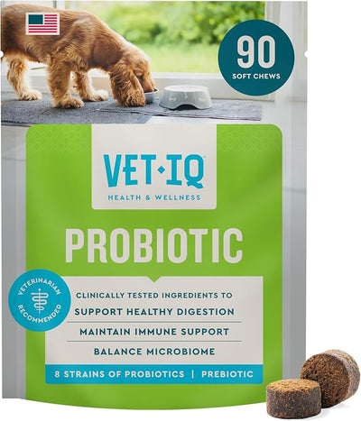 VetIQ Probiotic Supplement for Dogs, Digestive Support for Dogs, Nourishes Gut Bacteria and Supports Bowel Function, Hickory Smoke Flavor, Made in The USA, 90 Count