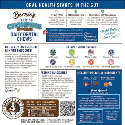 Bernie's Charming Chompers - Daily Dental Chews for Dogs 51-100 Lbs. - 12 Count - Cleans Teeth, Freshens Breath, + Boosts Oral-Gut Microbiome. Easy to Digest, Supports Healthy Digestion Naturally