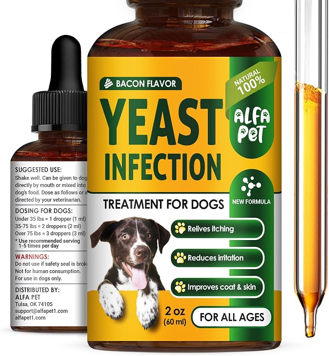 Yeast Infection Treatment for Dogs Helps with Itching & Allergies – Dog Yeast Infection Treatment Liquid Herbal Supplement – for All Breeds – Bacon Taste – 2 Oz