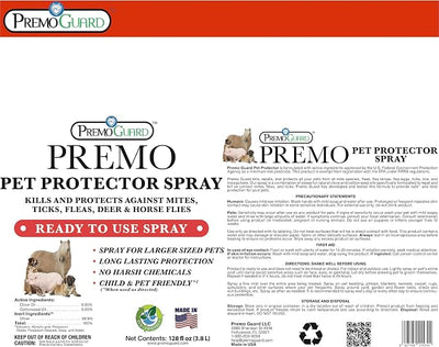 Premo Guard Pet Protector Spray - 128 oz - Kills Mites, Fleas, Ticks, & Mosquitoes - for Dogs, Cats, & Home - Natural Plant Based Oils for Control, Prevention & Treatment - Family Safe