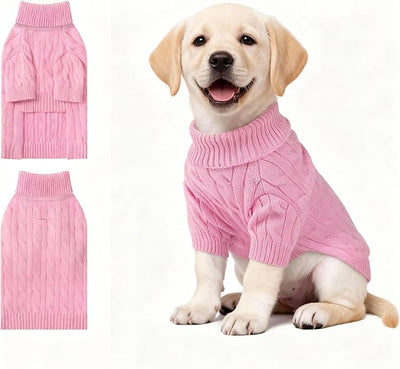 Small Dog Thermal Pullover Sweater, Classic Turtleneck Cable Knitwear Dog Clothes for Cold Weather Warm Pet Clothes for Chihuahua, Bulldog, Dachshund, Pug Pink X-Large