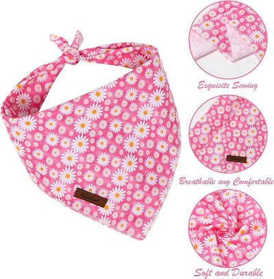Spring Dog Bandanas Girl Pink Daisy Cotton Washable Comfortable Triangle Dog Scarf Adjustable Pet Bib Kerchief for Small Medium Large Dogs L