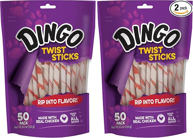 Dingo Twist Sticks, Premium Rawhide Treats for Dogs Made with Real Chicken, 50 Count (Pack of 2)