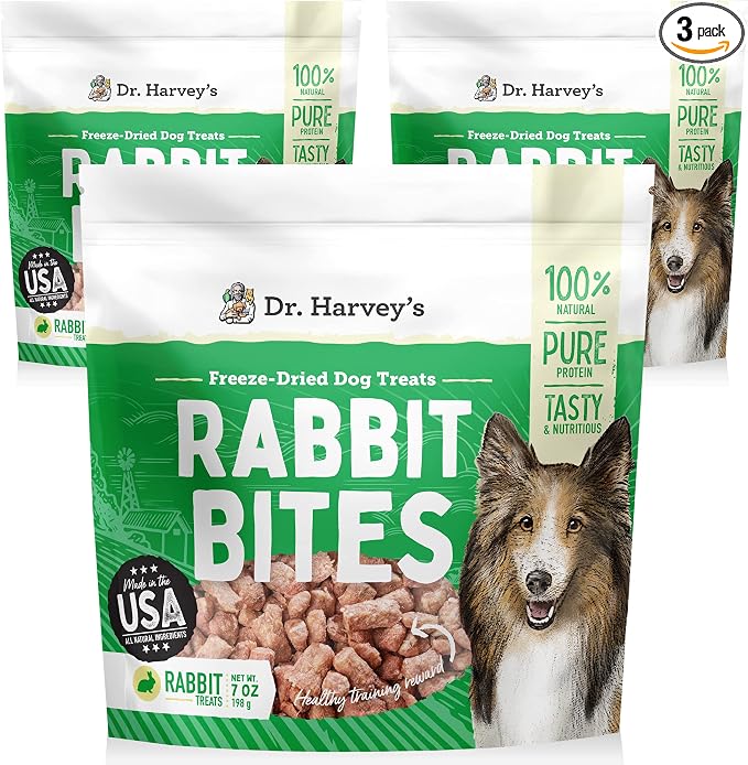 Dr. Harvey's Rabbit Bites Freeze-Dried Raw Dog Treats - Single Ingredient, All-Natural Rabbit Meat Protein for Dogs, Allergen-Free - 7 Ounces (3 Pack)