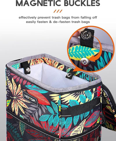 HOTOR Car Trash Can with Lid and Storage Pockets - 100% Leak-Proof Organizer, Waterproof Garbage Can, Multipurpose Trash Bin for Car, 2 Gallons, Autumn Leaves