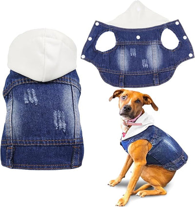 SILD Pet Clothes Dog Jeans Jacket Cool Blue Denim Coat Small Medium Dogs Lapel Vests Classic Hoodies Puppy Blue Vintage Washed Clothes (White,L)