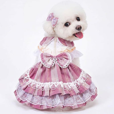 Plaid Princess Dog Dress, Multi Layered Skirt Lace Trim Design Dog Outfit, Girl Dog Clothes with Large Bow & Bow Hair Accessory for Birthday, Wedding, Party, Photoshoot (L)