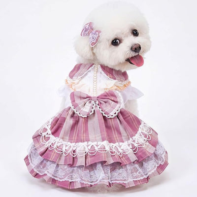 Plaid Princess Dog Dress, Multi Layered Skirt Lace Trim Design Dog Outfit, Girl Dog Clothes with Large Bow & Bow Hair Accessory for Birthday, Wedding, Party, Photoshoot (M)