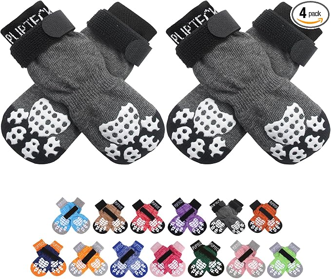 PUPTECK Anti-Slip Dog Socks with Double Sides Grips for Small Medium Large Dogs Hardwood Floors Prevents Licking, Dog Shoes for Hot Pavement Traction Control Paw Protector for Senior Dogs, Grey M