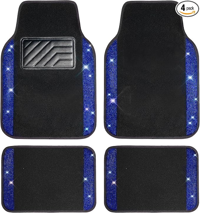 CAR PASS Bling Rhinestones Diamond Car Floor Mat,Sparkly Glitter Shining Crystal Carpet Anti-Slip PVC Heel Pad Waterproof Universal for Automotive SUV,Sedan,Van,4pcs Girl Pretty Women Men Black Blue