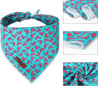 Summer Dog Bandanas Boy Turquoise Flamingo Cotton Washable Comfortable Triangle Dog Scarf Adjustable Pet Bib Kerchief for Small Medium Large Dogs L