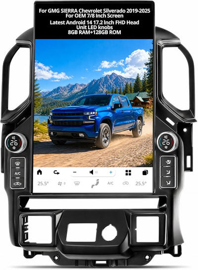 AuCar 836MAX 17.2 Inch Touchscreen with LED knobs Android 14 Car Radio for GMC Sierra Chevrolet Silverado 2019-2025 Head Unit GPS Navigation Wireless Carplay Android Auto 128GB US 1 Yr Service