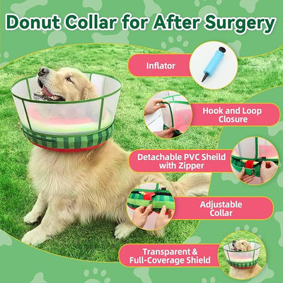 Upgraded Inflatable Dog Cone Collar with Transparent Anti-Licking Shield, Adjustable Elizabethan Collar for Medium Large Dogs, 2-in-1 Design with Detachable Shield and Soft Padding (L, Watermelon)