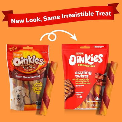 Oinkies Porkalicious Smoked Pig Skin Twists Bacon Flavored Dog Treats, 8 Count