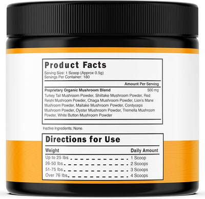 Turkey Tail Mushroom for Dogs Supplement Powder (90g) Organic Mushroom Complex with Lion's Mane for Dogs - Immune Support, Brain Health and Digestion - Third Party Tested, Non-GMO and Made in USA