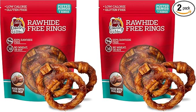 Country Kitchen Rawhide Free Beef Rings Dog Chews,Made with Real Beef,Highly Digestible,Gluten Free,7 Count (Pack of 2)