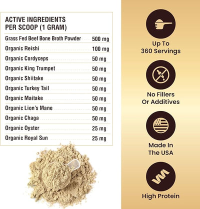 Beef Bone Broth for Dogs - High Protein Powder with Ten Organic Mushrooms & Collagen - Immune, Joint, Digestion & Cognitive Support - Tasty Dog Food Topper - Natural Hydration Booster