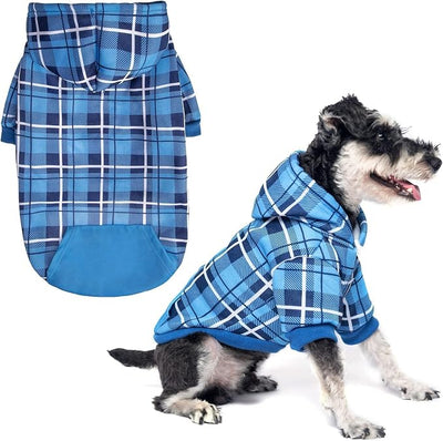EXPAWLORER Plaid Dog Hoodie - British Style Warm Dog Sweater Shirt with Leash Hole,Pitbull Clothes Outfits,Winter Coat Apparel for All Breeds Puppy Girl Boy-Cat Apparel,Blue S-Medium