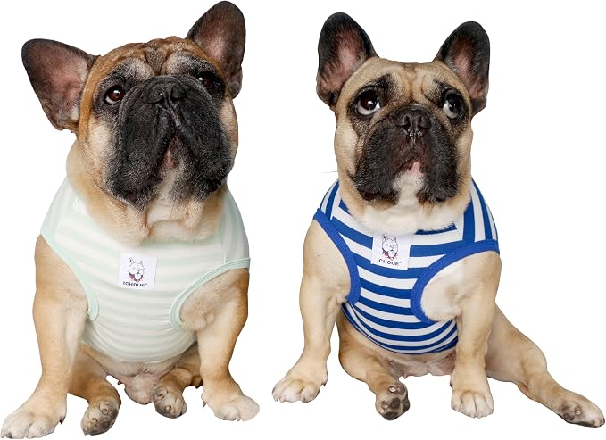 iChoue 2pcs French Bulldog Striped Shirts 100% Breathable Cotton Tank Tops Vests Clothes for Frenchie Dogs, Blue and Green Stripes, Medium