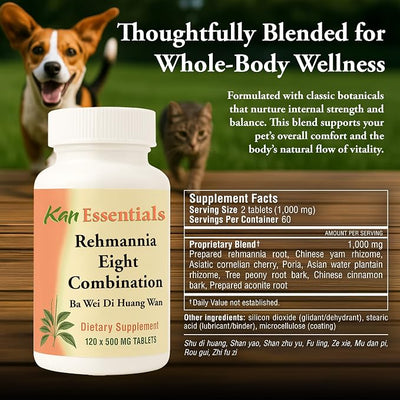 Kan Herb Company Rehmannia Eight Combination – Traditional Chinese Herbal Blend for Dogs & Cats to Support Kidney Health, Vitality, & Hormonal Balance, Herbal Supplement Tablets for Pets, 120 Tablets