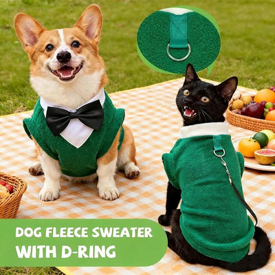 Cute Dog Fleece Sweater with D-Ring, Fall Winter Dog Clothes Tuxedo Costume with Bowtie, Soft Puppy Sweatshirt Chihuahua Yorkie Apparel Poodle Outfits for Small Medium Large Dogs(Green,XXL)