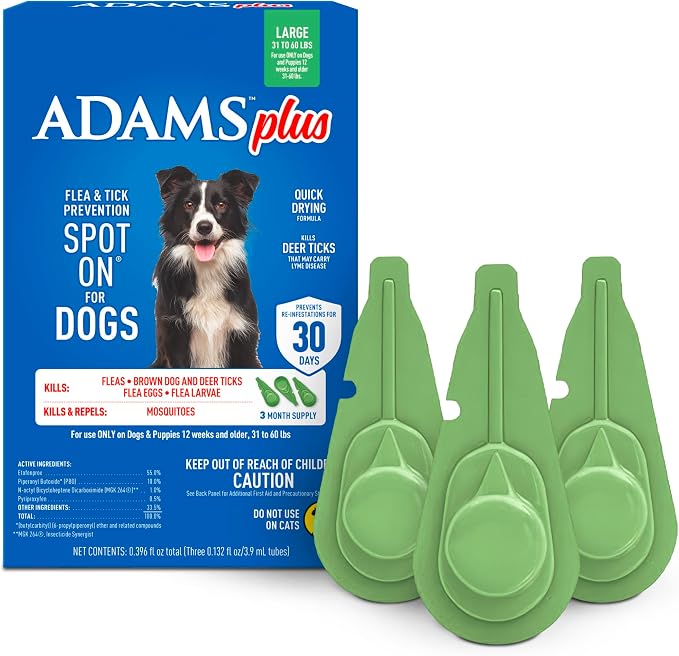 ADAMS Plus Flea & Tick Prevention Spot On for Dogs, Large Dogs, Kills Fleas & Ticks (Brown Dog/Deer Ticks), Kills and Repels Mosquitoes, Prevents Flea Infestations, 3-Month Supply, 3 Pack