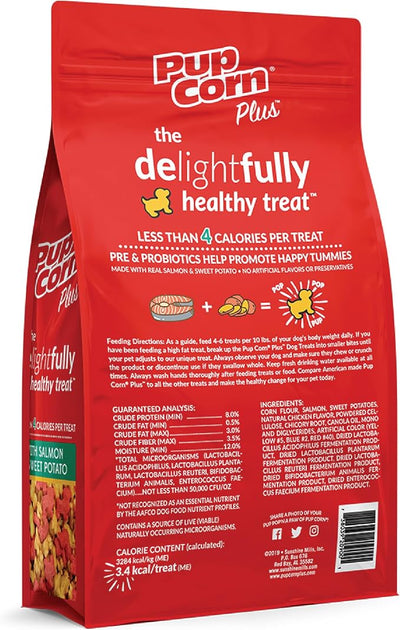 Pup Corn Plus - Puffed Dog Treats with Prebiotics and Probiotics - Salmon & Sweet Potato (24oz) - Made in USA (Pack of 2)