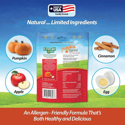 Emerald Pet Pumpkin Harvest Dog Treats, Apple Flavor, 6 oz – Soft Chewy Low-Fat Natural Dog Treats with Real Pumpkin for Digestive Health – Meat-Free, Wheat-Free, Made in USA