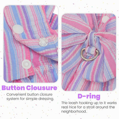 Pet Dog Harness Dress, Cute Striped Pattern with Bow, Princess Puppy Dresses with Button Closure, Summer Dog Clothes for Small Dogs Girl (Purple, X-Large)