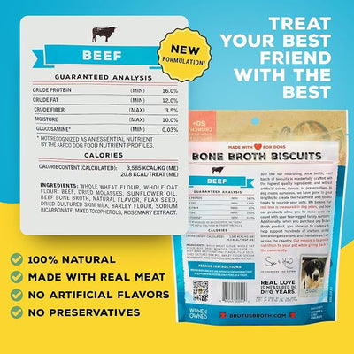 Brutus Bone Broth Biscuits for Dogs - Protein-Rich Dog Treats with Bone Broth and Real Beef - All Natural and Tasty - 8oz, Pack of 6, Beef Flavor