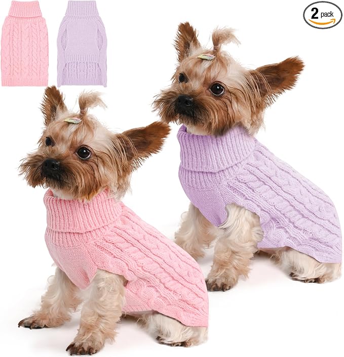 Dog Sweater 2 Pack for Small Dogs, Size S, Pink & Purple | Stretchy cable knit turtleneck, machine washable, high belly cut, comfy winter fit for Chihuahua, Maltese