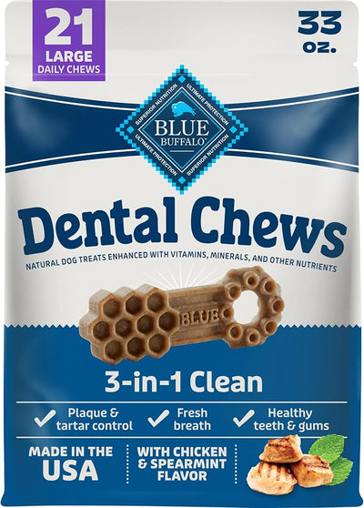 Blue Buffalo Natural Dental Chews for Large Dogs 50 lbs. and up, Chicken & Spearmint, Daily Teeth Cleaning Dog Treats, Enhanced with Vitamins & Minerals, 33-oz. Bag (21 Treat Count)