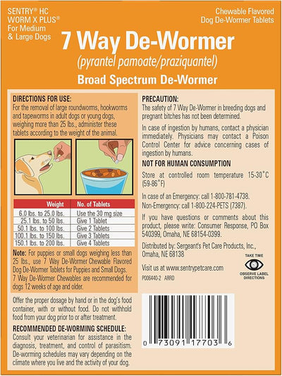 WORM X PLUS 7 Way De-Wormer Chewables for Dogs - Tablets for Medium & Large Dogs (Over 25 lbs) (pyrantel pamoate/praziquantel), 2 Count